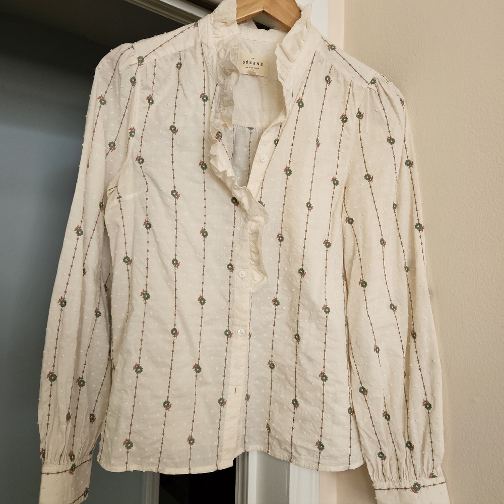 Sezane Chlo Shirt Sage / Camel Embroidery On Ecru Background - Size 6